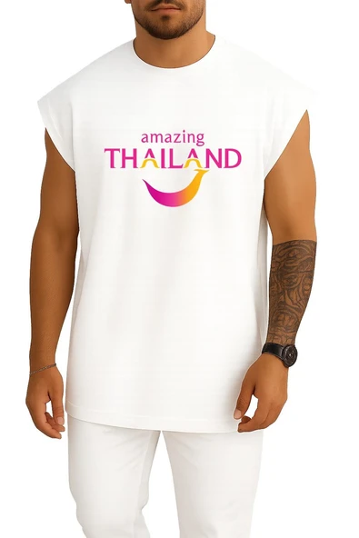 Oversize Tourism Authority Of Thailand Tourism İn Thailand Travel Göğüs Tasarımlı Atlet - Resim 5
