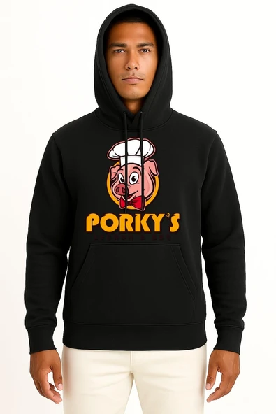 Kapüşonlu Porky's Lechon Barbecue Domuz Göğüs Tasarımlı Unisex Sweatshirt - Resim 9