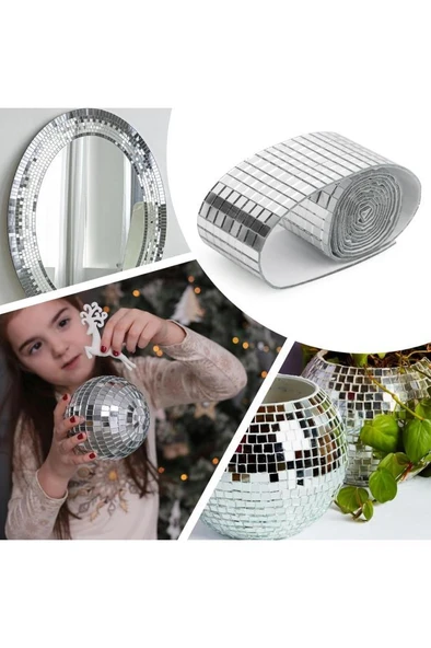 3 Rulo Gümüş Renk Aynalı Mozaik Taşlı Dekor Bant Yapışkanlı Kare Cam Ayna Taş Parti Süsleme Bandı - Resim 2