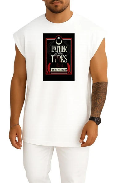 Oversize 1881-1938 Father Of Turks Atatürk Göğüs ve Sırt Tasarımlı Atlet - Resim 7