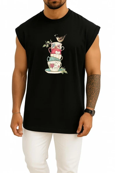 Oversize Kuş Ve Çay Fincanı, Çay Fincanı Havlu Çaydanlık Göğüs Tasarımlı Atlet - 11