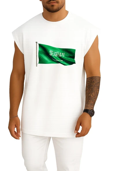 Oversize Suudi Arabistan Bayrak Göğüs Tasarımlı Unisex Spor Atlet - Resim 5