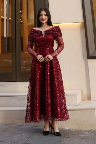 Aşkın Büyüsü Abiye Elbise 6054-Bordo - Resim 5