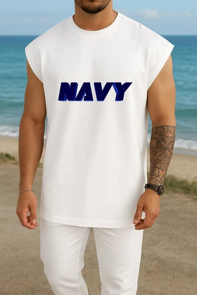 Oversize Navy Yazısı Bold Göğüs Tasarımlı Atlet - Resim 7