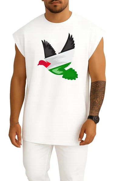 Oversize Barış Güvercini Filistin Göğüs ve Sırt Tasarımlı Atlet - Resim 10