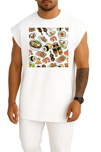 Oversize Sushi Barbecue Chicken Göğüs Tasarımlı Atlet - Resim 7