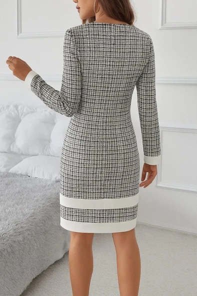 MDB Kadın Uzun Kollu Yuvarlak Yaka Etek Ucu şerit Detaylı Mini Dokuma Elbise - Resim 3