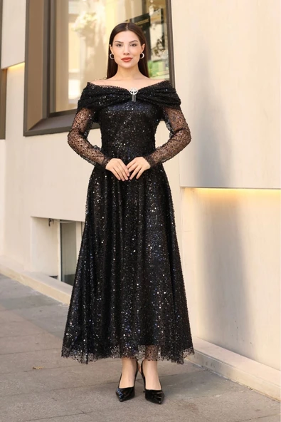 Aşkın Büyüsü Abiye Elbise 6054-Siyah - Resim 3