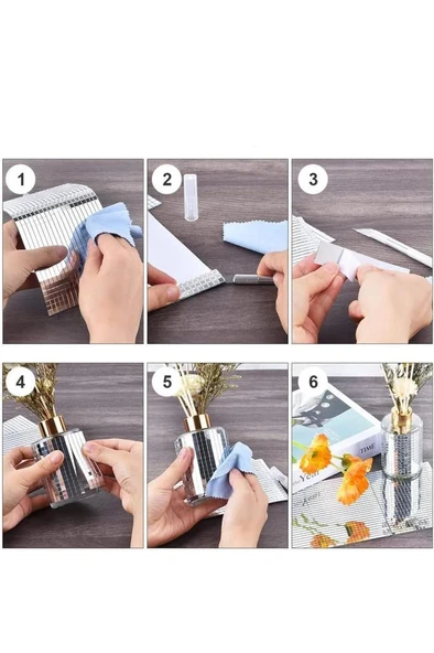 5 Rulo Gümüş Renk Aynalı Mozaik Taşlı Dekor Bant Yapışkanlı Kare Cam Ayna Taş Parti Süsleme Bandı - Resim 4