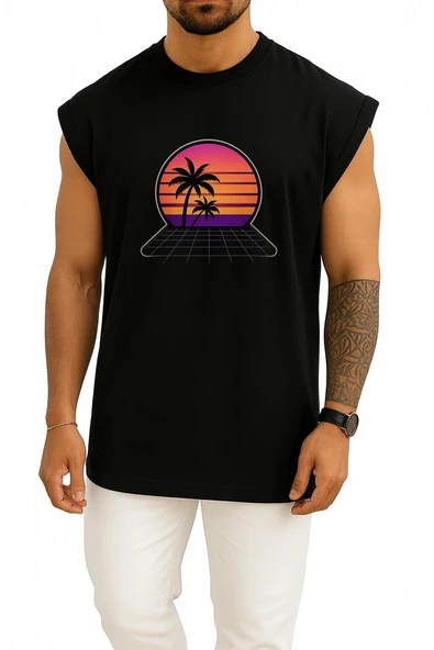 Oversize Synthwave Günbatımı  Palmiyeler – Retro Göğüs Tasarımlı Atlet - Resim 9