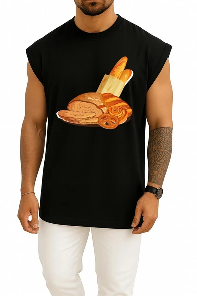 Oversize Baget Kruvasan Ekmek Simit Ekmek Hamur İşi Göğüs Tasarımlı Atlet - Resim 9