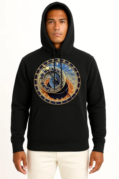 Kapüşonlu Prague Astronomical Clock Old Town Göğüs Tasarımlı Unisex Sweatshirt - Resim 9