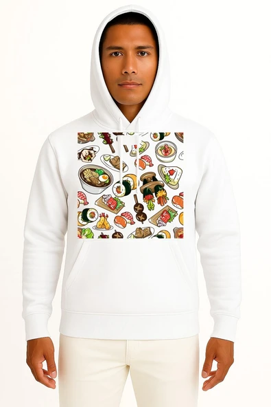Kapüşonlu Sushi Barbecue Chicken Göğüs Tasarımlı Unisex Sweatshirt - Resim 5