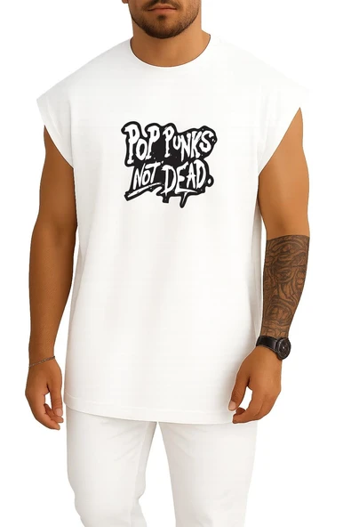 Oversize Pop Punks Not Dead Göğüs Tasarımlı Unisex Spor Atlet - Resim 3
