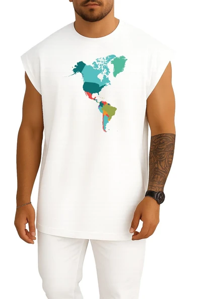 Oversize Amerika Kıtası Haritası Göğüs Tasarımlı Atlet - Resim 3