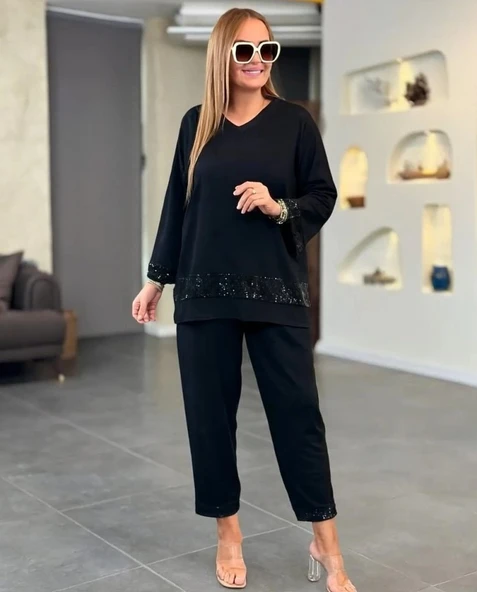 MDB Kadın Uzun Kollu V Yakalı Pulpayet Viskon Iki Iplik Bluz Ve Pantolon Takım - Resim 4