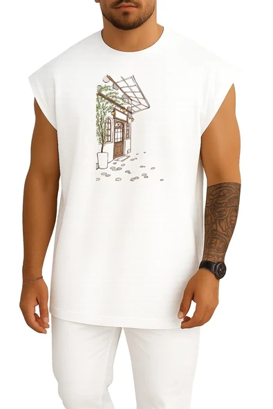 Oversize Kahverengi Ahşap Kapı İllüstrasyon Göğüs Tasarımlı Atlet - Resim 5