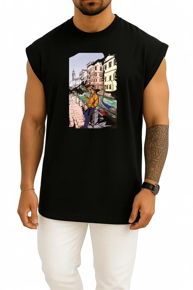 Oversize Venice Drawing Art Illustration, Venedik Göğüs Tasarımlı Atlet - Resim 9