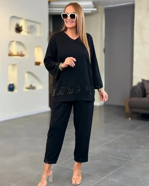 MDB Kadın Uzun Kollu V Yakalı Pulpayet Viskon Iki Iplik Bluz Ve Pantolon Takım ürün görseli 1