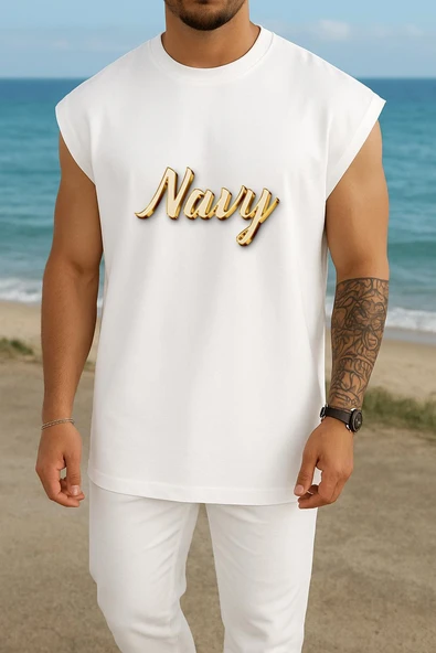 Oversize Navy Yazısı Gold Göğüs Tasarımlı Atlet - Resim 3