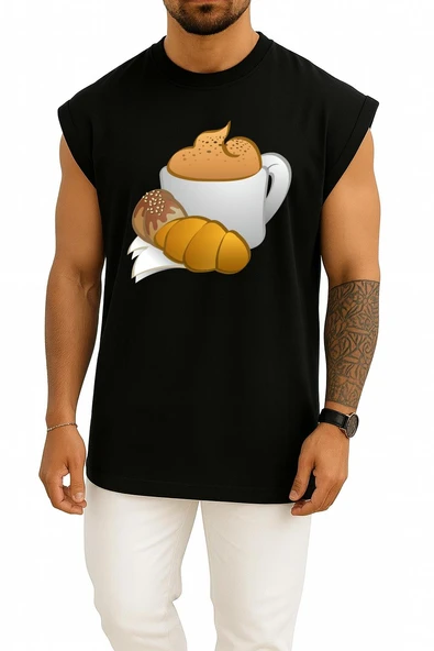 Oversize Kahve Croissant Kahvaltı Göğüs Tasarımlı Atlet - Resim 11