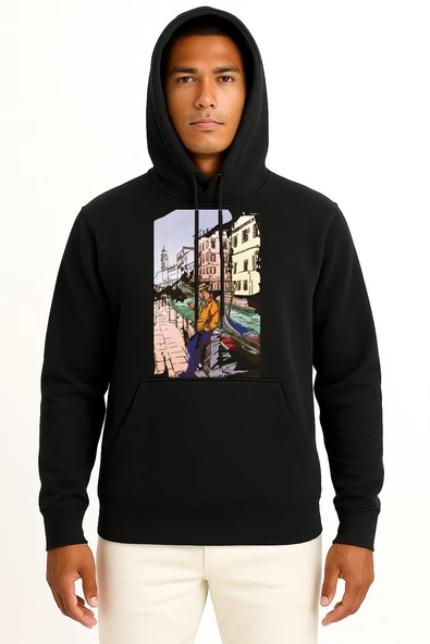 Kapüşonlu Venice Drawing Art Illustration, Venedik Göğüs Tasarımlı Unisex Sweatshirt - Resim 9