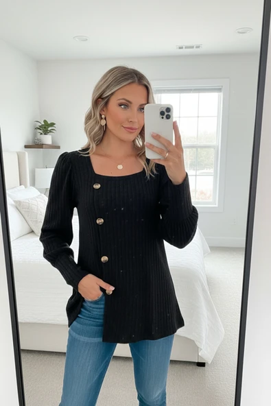 Kadın Uzun Kollu Düğmeli Mevsimlik Bluz – Yumuşak Dokulu, Esnek ve Sıcak Tutan Kumaş ürün görseli