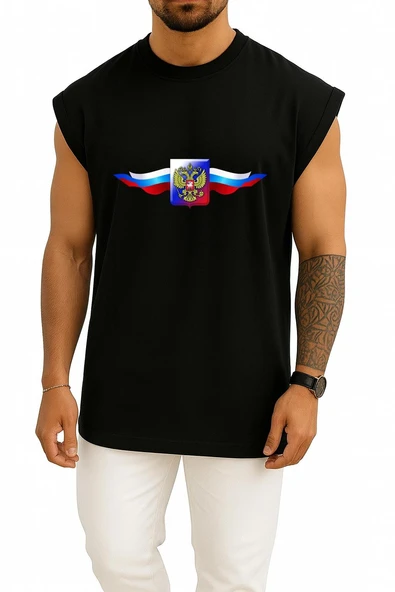 Oversize Multicolored Russia Coat Of Arms Logo Göğüs Tasarımlı Atlet - Resim 9