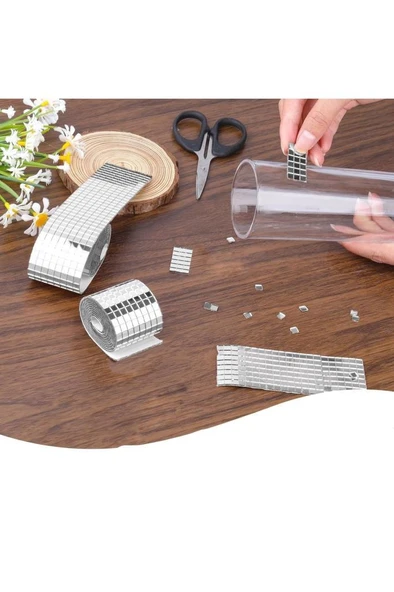 3 Rulo Gümüş Renk Aynalı Mozaik Taşlı Dekor Bant Yapışkanlı Kare Cam Ayna Taş Parti Süsleme Bandı - Resim 5