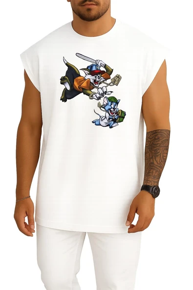 Oversize Erry Mouse Tom And Jerry Gangsta Rap Gangster Göğüs Tasarımlı Atlet - Resim 7