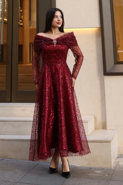 Aşkın Büyüsü Abiye Elbise 6054-Bordo - Resim 2