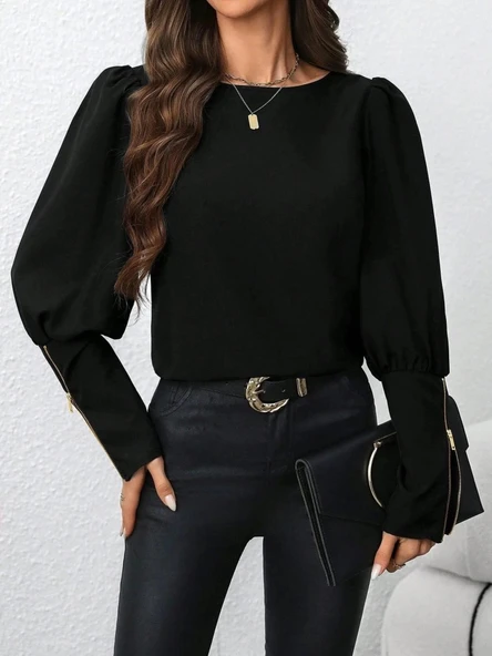 MDB Kadın Uzun Kollu Bisiklet Yaka Fermuar Detaylı Ithal Krep Bluz - Resim 3