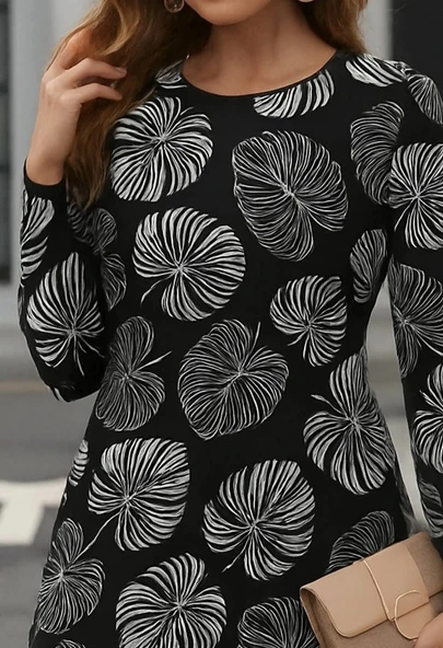 MDB Kadın Uzun Kollu Bisiklet Yaka Desenli Kısa Krep Elbise - Resim 2