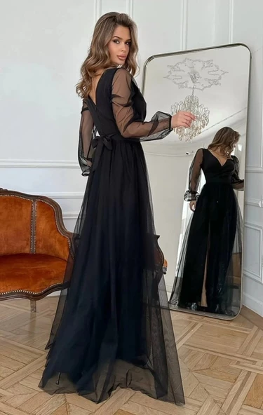 MDB Kadın Uzun Kollu Kruvaze Yakalı Belden Kuşaklı Tüllü Uzun Ithal Krep Elbise - Resim 4