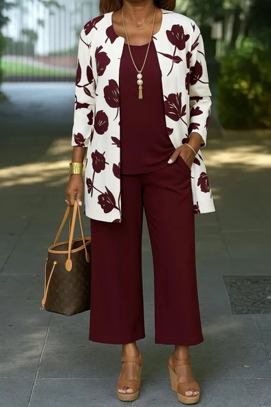 MDB Kadın Uzun Kollu önü Açık Modal Ceket Kolsuz Viskon Iki Iplik Bluz Ve Pantolon üçlü Takım - Resim 3