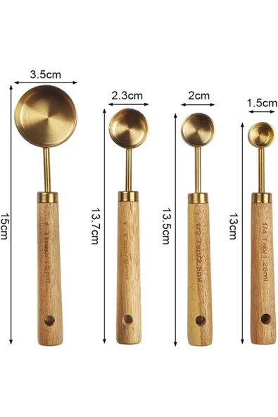 Mucit Home 4 Adet Gold Paslanmaz Çelik Ahşap Saplı Ölçü Kaşığı Seti Ölçü Kabı - Resim 2