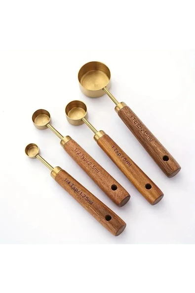 Mucit Home 4 Adet Gold Paslanmaz Çelik Ahşap Saplı Ölçü Kaşığı Seti Ölçü Kabı ürün görseli
