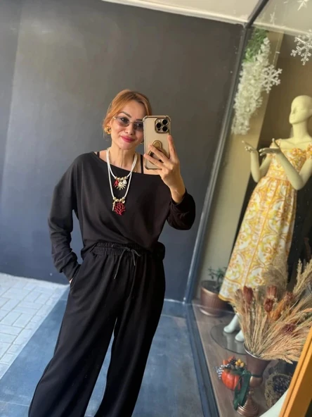 MDB Kadın Uzun Kollu Tek Omuzdan Açık Viskon Iki Iplik Bluz Ve Pantolon Ikili Takım ürün görseli 1