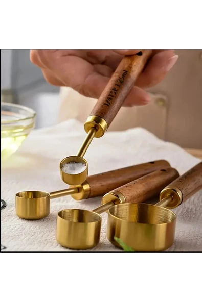 Mucit Home 4 Adet Gold Paslanmaz Çelik Ahşap Saplı Ölçü Kaşığı Seti Ölçü Kabı - Resim 3
