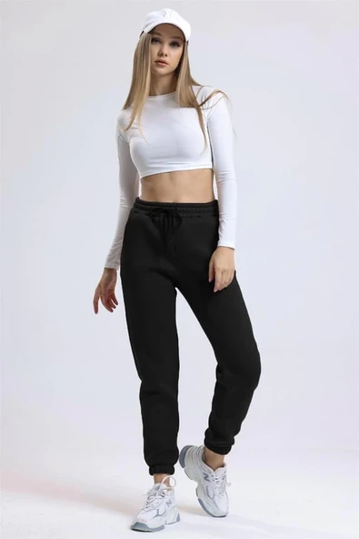 3 iplik şardonlu paça lastikli eşofman siyah is001 - Resim 4