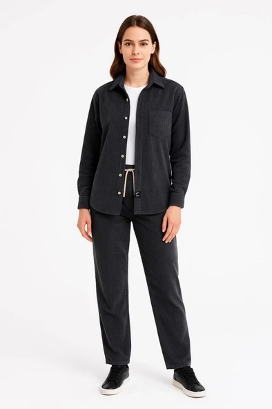 MDB Kadife Oversize Takım – Gömlek Ve Pantolon İkili et Füme Corduroy Şıklığı, Rahat Ve Zarif Duruş Yumuşak Dokulu Kadif - 2