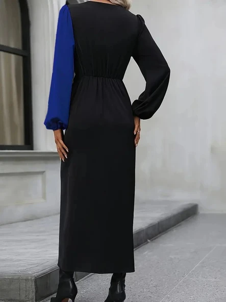 MDB Kadın Uzun Kollu Kruvaze Yakalı Belden çapraz Detaylı çift Renkli Midi Ithal Krep Elbise - Resim 4