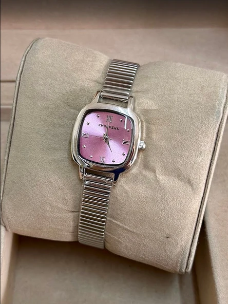 Gümüş Renk Kaplama Çelik Kordonlu Şık VIP Model Pembe Kare Kadranlı Kadın Saati | Vintage Şıklık ürün görseli 1