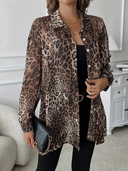 MDB Kadın Uzun Kollu Yakalı önden Düğmeli şifon Gömlek - Resim 5