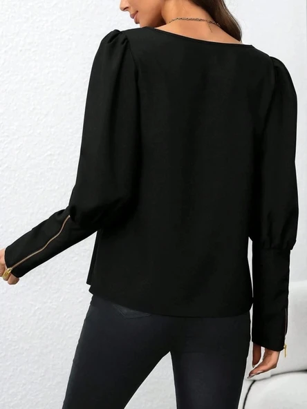 MDB Kadın Uzun Kollu Bisiklet Yaka Fermuar Detaylı Ithal Krep Bluz - Resim 4