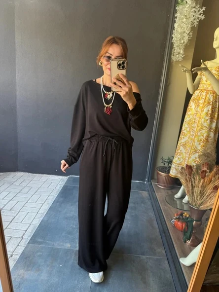 MDB Kadın Uzun Kollu Tek Omuzdan Açık Viskon Iki Iplik Bluz Ve Pantolon Ikili Takım - Resim 3