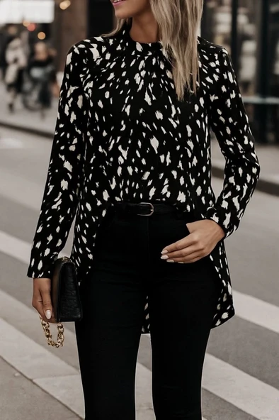 MDB Kadın Uzun Kollu Yarı Balıkçı Yaka Desenli Dokuma Bluz - Resim 3