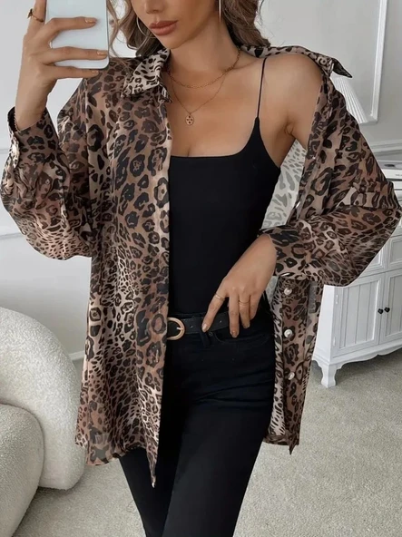 MDB Kadın Uzun Kollu Yakalı önden Düğmeli şifon Gömlek - Resim 4