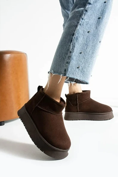 Süet Kadın Kışlık Ev ve Dışarı Botu Terliği Yüksek Kalın Tabanlı Kışlık İçi Yünlü Tüylü Bootie - Resim 5