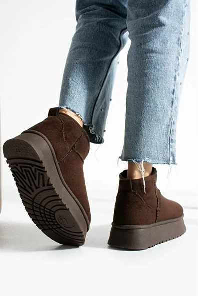 Süet Kadın Kışlık Ev ve Dışarı Botu Terliği Yüksek Kalın Tabanlı Kışlık İçi Yünlü Tüylü Bootie - Resim 3